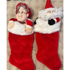 Pair 27” Plush Santa & Mrs Claus Christmas Stockings – Stuffed Doll Heads
